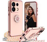 Case With Cord For Xiaomi 14t, With Ring Holder Heart, Shockproof Soft Silicone Tpu Bumper Portable Protection Case With Removable Necklace, Pink