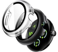 Case With Screen Protector For Google Pixel Watch 3/2/1 41mm,Built-In 9h Tempered Glass Film,Hard Pc Protector Case,Pack Of 2 (Black Transparent)