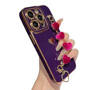 Caseative Bracelet doux plaqué en forme de cœur avec chaîne et chaîne compatible avec iPhone pour femmes et filles (violet, iPhone 14 Pro)