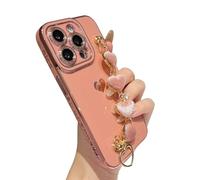 Caseative Joli bracelet en forme de cœur plaqué souple compatible avec coque iPhone pour femmes et filles (rose, iPhone 15 Pro)