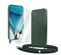 CaseLover Coque avec Cordon pour Samsung Galaxy S25 Plus, Coque Magnétique de Cellulaire Corde Silicone Étui avec 2 Verre Trempé avec Réglable Collier Téléphone Chaîne Housse pour Samsung S25+, Vert