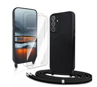 CaseLover Coque avec Cordon pour Samsung Galaxy S25 Plus, Coque Magnétique de Cellulaire Corde Silicone Étui avec 2 Verre Trempé avec Réglable Collier Téléphone Chaîne Housse pour Samsung S25+, Noir