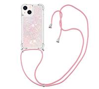 CaseLover Coque Collier Compatible avec iPhone 13 Mini, Mince Liquide Paillette Silicone TPU Premium Housse Étui de Téléphone avec Cordon Collier Tour de Cou Lanière pour iPhone 13 Mini, Rose