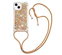 CaseLover Coque Collier Compatible avec iPhone 13 Mini, Mince Liquide Paillette Silicone TPU Premium Housse Étui de Téléphone avec Cordon Collier Tour de Cou Lanière pour iPhone 13 Mini, d'or