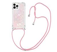 CaseLover Coque Collier Compatible iPhone 15 Pro Max, Mince Liquide Paillette Silicone TPU Housse Étui de Téléphone avec Cordon Collier Tour de Cou Lanière Coque pour iPhone 15 Pro Max, Rose