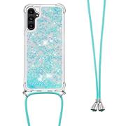 CaseLover Coque Collier pour Samsung Galaxy A14 5G, Ultra Mince Liquide Paillette Silicone TPU Housse Étui de Téléphone avec Cordon Collier Tour de Cou Lanière Coque pour Samsung A14 5G, Bleu Argent