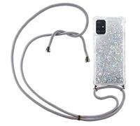 CaseLover Coque Collier pour Samsung Galaxy A51, Ultra Mince Liquide Paillette Silicone TPU Premium Housse Étui de Téléphone avec Cordon Collier Tour de Cou Lanière pour Samsung Galaxy A51, Argent