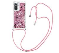 CaseLover Coque Collier pour Xiaomi Redmi Note 10 Pro, Liquide Paillette Silicone TPU Premium Housse Étui de Téléphone avec Cordon Collier Tour de Cou Lanière pour Redmi Note 10 Pro Max, Roses Rouges