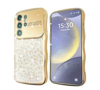 CaseLover Coque pour Samsung Galaxy S23 Ultra 5G Glitter, Étui avec Plaque Paillettes de Motif Léopard, Coque de Vagues Forme Bou Silicone Galvanisé Sparkle Antichoc Housse pour S23 Ultra, Or