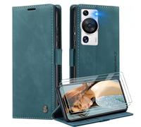 Caseme Coque pour Huawei P60/P60 Pro + 2 Pièces Verre Trempé,Etui Protection Housse Premium en Cuir PU, [Emplacements Cartes], Pochette Flip Case - Bleu Vert