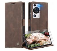 Caseme Coque pour Huawei P60/P60 Pro + 2 Pièces Verre Trempé,Etui Protection Housse Premium en Cuir PU, [Emplacements Cartes], Pochette Flip Case - Café