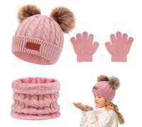 Casenly Bonnet Enfant Hiver Tricoté, Rose Bonnet Enfant Hiver Tricoté Tour de Cou Chaud, Enfant Gants Hiver Ensemble Set de 3 Pièces, Bonnet Enfant Hiver avec Pompon pour 1 à 5 ans Garçons Filles