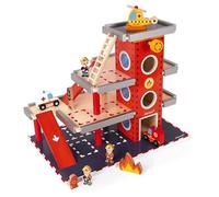 Caserne de Pompiers en Bois 3 Niveaux + 10 Accessoires (Dont véhicules) - avec Ascenseur et héliport - Set Univers Garcon 3-8 Ans + Carte