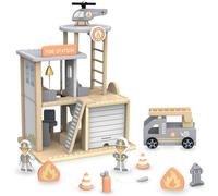 Caserne de pompiers en bois avec accessoires, pompiers