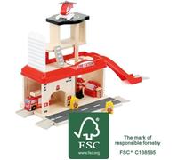 Small Foot 10900 Caserne de pompiers en bois naturel certifié 100% FSC, jeu de rôle avec accessoires,à partir de 3 ans hélicoptère Jouets, multicolore, petit