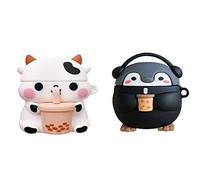 Caseverse Lot de 2 coques pour Airpod Pro, thé au lait, vache, pingouin, dessin animé 3D amusant, étui de protection en silicone pour filles et garçons