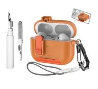 Casevita Étui de protection 4 en 1 en cuir compatible avec les AirPods Pro 3 avec porte-clés et kit de nettoyage, support en polycarbonate rigide, résistant aux chocs pour homme et femme avec lanière