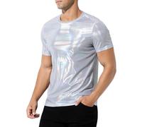 Casey Kevin Chemise Metallique Homme, T-Shirt Métallisé Brillante Paillettes Manches Courtes pour Fête Club Party Disco Discothèque Dancing Halloween Cosplay