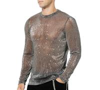 Casey Kevin Chemise Paillette Homme Tee Shirt Manche Longue Transparente Tenue Disco Sexy Costume Maille T Shirt Paillette Sequin Pyjama Rave Outfit Lumineux Fishnet Vetement Soiree Resille Filet Haut