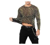 Casey Kevin Chemise Paillette Homme Tee Shirt Transparent Manche Longue T-Shirt Resille Sexy Disco Tenue Sequin Vetement Haut Fishnet Maille Costume Rave Outfit Filet Mesh Top Rayé Clubwear Bal