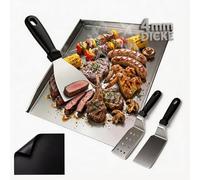 Casgee Plancha - Plaque de cuisson massive de 4 mm - En acier inoxydable - 40 x 30 cm - 5 en 1 - Avec 3 spatules et tapis de barbecue découpable - Accessoire de barbecue universel pour barbecue à gaz