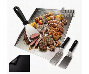 Casgee Plancha - Plaque de cuisson massive de 4 mm - En acier inoxydable - 40 x 30 cm - 5 en 1 - Avec 3 spatules et tapis de barbecue découpable - Accessoire de barbecue universel pour barbecue à gaz