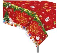 Cashlander Nappe de table jetable de Noël, 130 x 220 cm, nappe rectangulaire rouge, houx, Père Noël, nappe imperméable pour fête de Noël, dîner, décoration de table