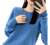 Cashmere Sweaters for Women, Fall Winter Cashmere Sweaters, Cashmere Jumpers Ladies Solid Color Long Sleeve Crew Neck, Lightweight Soft Knitted Jumpers (Blue,TTG)