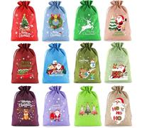 CashMuch Lot de 12 sacs de Noël en tissu polyester avec cordon de serrage, motif festif pour cadeaux de vacances, 20 x 30 cm