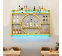 Casier à vin fixé au mur avec lumière LED, étagère à liqueur moderne avec support en verre, étagères murales flottantes pour bar, présentoirs de stockage de vin en fer, étagères murales en métal pour