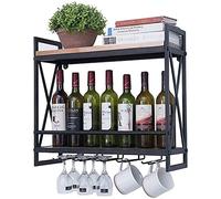 Casier à vin moderne à 2 niveaux avec 7 supports à pied de 60 cm - Étagère murale industrielle en métal à suspendre - Étagère flottante en bois - Décoration de la maison ou de la cuisine - Noir