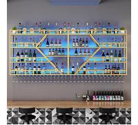 Casier À Vin Mural À LED Étagères De Bar Modernes Avec Support En Verre Casier À Vin Métal À 2/3 Couches Porte-bouteille Mural Industriel Pour Cave À Vin Bar Maison Cuisine(Gold blue light,180x123x20c