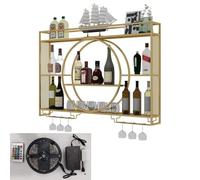 Casier à vin mural avec éclairage LED, étagère de bar en fer, présentoir de bouteilles d'alcool avec support en verre, étagères murales flottantes, avec supports pour verres à pied, étagère murale