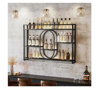 Casier à vin mural avec lumière LED - Étagère flottante en métal de grande capacité et support pour verre à vin - Présentoir élégant pour bouteille d'alcool pour bar, cuisine, cave à vin - Finition