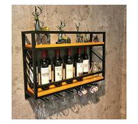 Casier à vin mural avec porte-verres à pied, porte-vin suspendu en métal rustique à 2 niveaux, support mural pour bouteille, étagère en verre, étagères en bois, étagère murale (couleur : noir-sans
