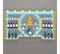 Casier à vin mural en métal, étagères à barres murales avec porte-vin en verre moderne mural monté avec un bloc-vides LED à grande capacité pour comptoir de bar pour les barres de maison et Kitc