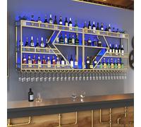 Casier à vin mural industriel avec lumière LED - Étagère à vin en métal pour verres, porte-vin, rangement de vin en fer pour cuisine, cave, bar (doré, 260 cm)