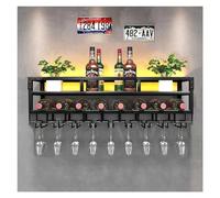 Casier à vin mural industriel avec lumière LED - Grand porte-bouteille flottant en métal et porte-verre pour décoration de bar et de salle à manger - Noir, 60 x 25 x 1 cm