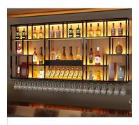 Casier à vin mural moderne en fer avec lumière LED et étagère à liqueur, support de bouteille de vin élégant en métal à suspendre pour comptoir de bar, grande capacité, noir (170 cm)