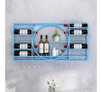 Casier à vin mural - Porte-bouteille moderne en fer avec rangement pour lunettes Design multi-crochets Étagères de bar élégantes (taille : 110 × 11 × 62 cm Couleur : bleu)