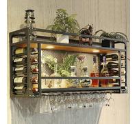 Casier à vin mural vintage en métal avec support pour verre, porte-bouteilles industriel multifonction pour cuisine et salon