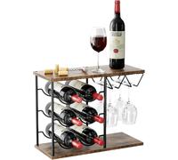 Casier à vin rétro 2 en 1 avec porte-verres 6 bouteilles marron Vendos85