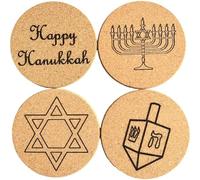 Casiler Lot De 4 sous-Verres en Liège Hanoukka, Motifs Menorah Dreidel, Dessous De Verre Écologiques pour Boissons, Décoration De Maison pour Fêtes Juives Cadeau D'hôtesse