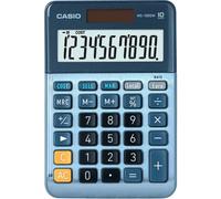 Casio Calculatrice de bureau MS100EM – 10 chiffres, solaire/batterie, conversion en € – Bleu