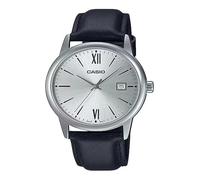 Casio MTP-V002L-7B3 Montre analogique standard pour homme avec bracelet en cuir noir, cadran argenté, date, mouvement à quartz, noir, Mouvement à quartz