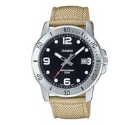 Casio MTP-VD01C-5BV Montre de sport pour homme Enticer, bracelet en tissu beige, cadran noir, 50M, affichage analogique