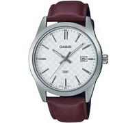 Casio MTP-VD03L-5AUDF Montre analogique pour Homme Affichage de la Date Cadran Blanc Bracelet en Cuir, Brun, Sangle