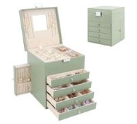 Casiwaft Boîte à bijoux à 5 Niveaux, Coffret à Bijoux avec 6 Tiroirs, Boîte à Bijoux en PU avec tiroirs latéraux, Grand Organisateur de Bijoux pour Bagues, Bracelets, Colliers, vert avocat