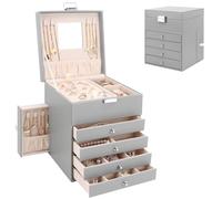 Casiwaft Boîte à bijoux à 5 Niveaux, Coffret à Bijoux avec 6 Tiroirs, Boîte à Bijoux en PU avec tiroirs latéraux, Grand Organisateur de Bijoux pour Bagues, Bracelets, Colliers, Gris
