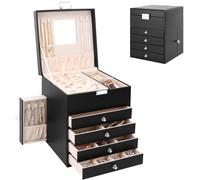 Casiwaft Boîte à bijoux à 5 Niveaux, Coffret à Bijoux avec 6 Tiroirs, Boîte à Bijoux en PU avec tiroirs latéraux, Grand Organisateur de Bijoux pour Bagues, Bracelets, Colliers, Noir